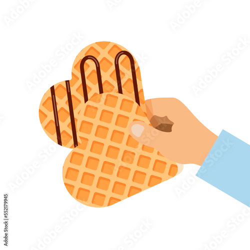 Viennese or belgian waffles with chocolate cream. Hand holds heart shaped waffle. Vector illustration in trendy flat style isolated on white background.