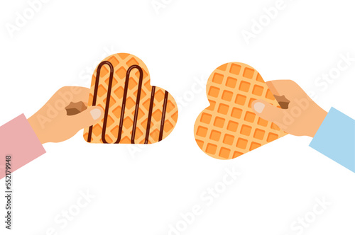 Viennese or belgian waffles with chocolate cream. Hands hold and exchange heart shaped waffle. Vector illustration in trendy flat style isolated on white background.