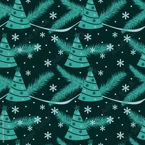 Set of Christmas and new year seamless pattern with fir branch, Christmas tree and snowflakes.