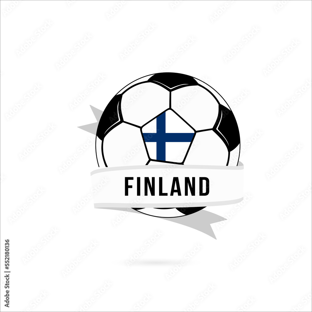 Obraz premium Soccer ball minimal design with Finland flag. Flag of Finland in a soccer ball with the text Finland on the ribbon. Vector illustration eps10