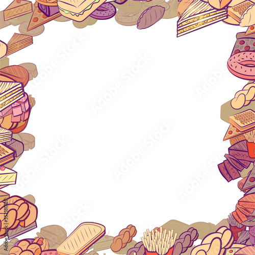 Background pattern abstract design texture. American food and Bakery products. Border frame, transparent background. Theme is about meat, bakery, fried, pie, cutlet, divided, cheesecake