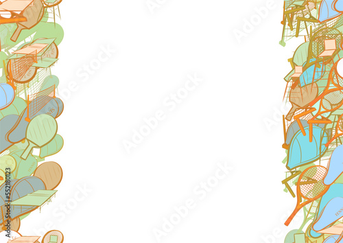 Background pattern abstract design texture. Tennis. Vertical seamless stripes. Border frame, transparent background. Theme is about netting, sports judge, chair, balls, table, pin, clip