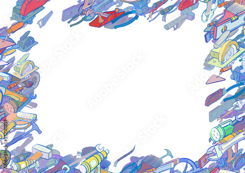 Background pattern abstract design texture. Repair and Building tools. Border frame, transparent background. Theme is about sledgehammer, spinning, teeth, water pipes, forceful effect, clogging