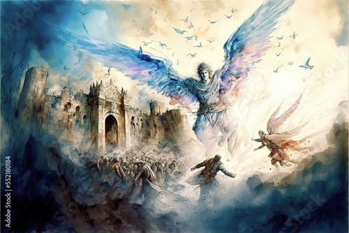 Religious concept art featuring the day of judgement with angels coming down from the heavens towards earth Fototapet