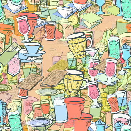 Background pattern abstract design texture. Seamless. Table setting and Drinks. Theme is about kvass, bottle, lemon, beer, alcohol, hot drink, citrus, Cup, cup, fork, cloth napkin, napkin holder