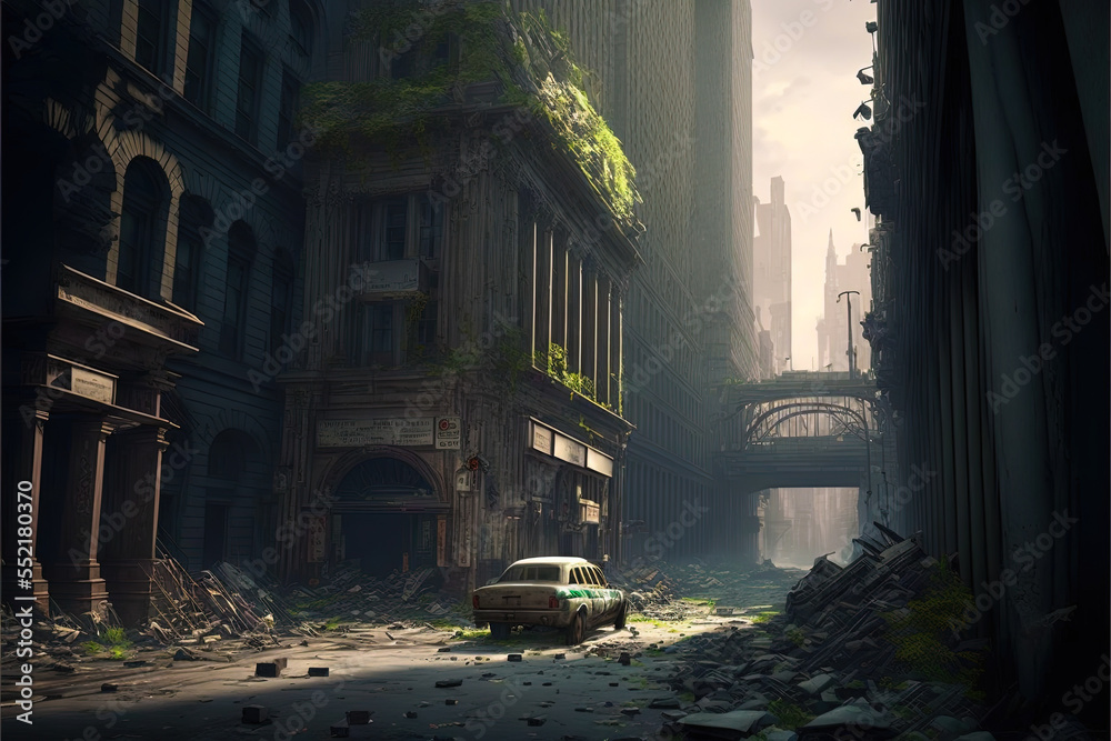 Abandoned New York city in the future. Large deserted buildings after an  apocalypse. Empty roads in a post-apocalyptic NYC. Eerie streets of a  decaying forgotten city. generative ai Stock Illustration | Adobe