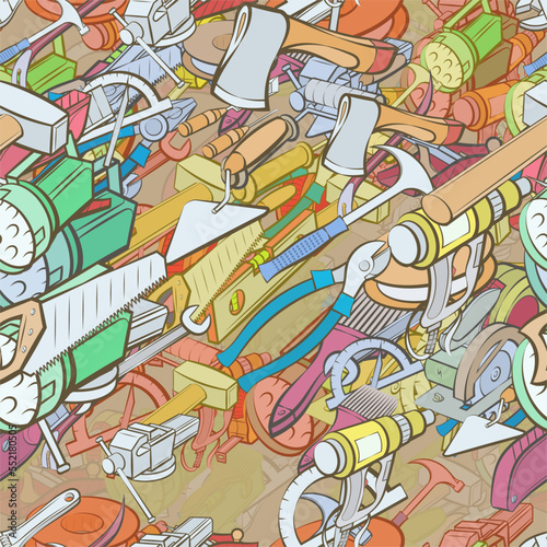 Background pattern abstract design texture. Seamless. Building tools and Repair. Theme is about spatula, sawing, plane, hank, paint brush, nail catcher, chisel, clogging, building, angle meter