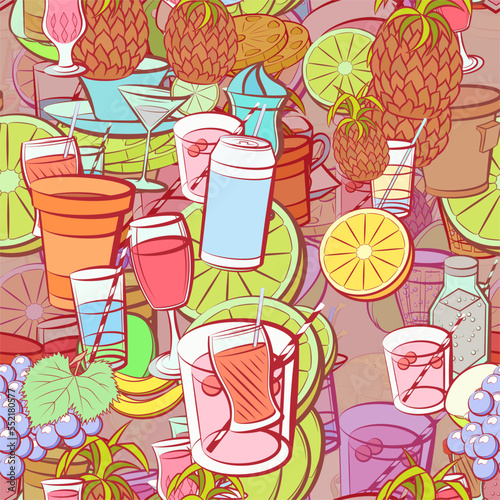 Background pattern abstract design texture. Seamless. Drinks and Fruits. Theme is about stand, slices, wine, bananas, bubbles, round grapes, couple, tea, Martini, cardboard, glass, drinking tube