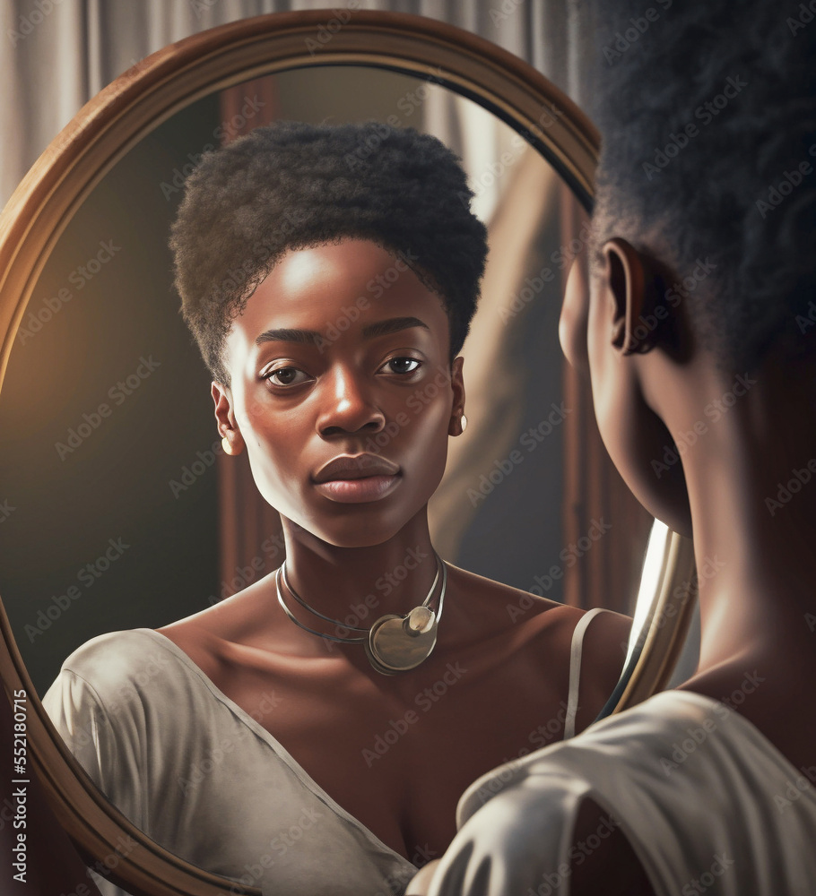 Young African American woman with black hair looking at herself in a