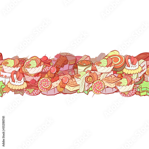 Background pattern abstract design texture. Snacks. Horizontal seamless stripe. Border frame, transparent background. Theme is about rice, filling, covered, six-pointed, soup, satiety, salad