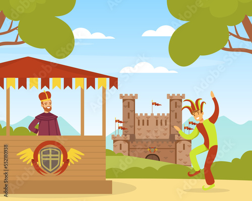 Medieval Life Scene with Man King Watching Jester Performance Vector Illustration