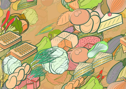 Background pattern abstract design texture. Seamless. Health food and Bakery products. Theme is about pepper, pancakes, tomato, strudel, head of cab, pimples, baklava, slice, beet, fetus