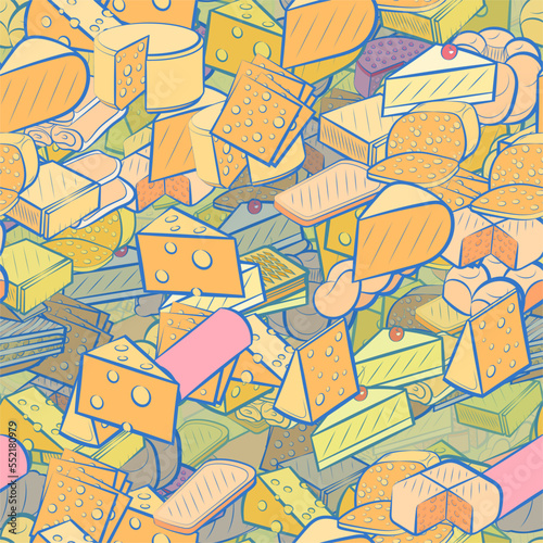 Background pattern abstract design texture. Seamless. Cheeses and Bakery products. Theme is about briquette, waffles, chunk a piece, two-layer, piece of cheese, lush, a sandwich, cherry