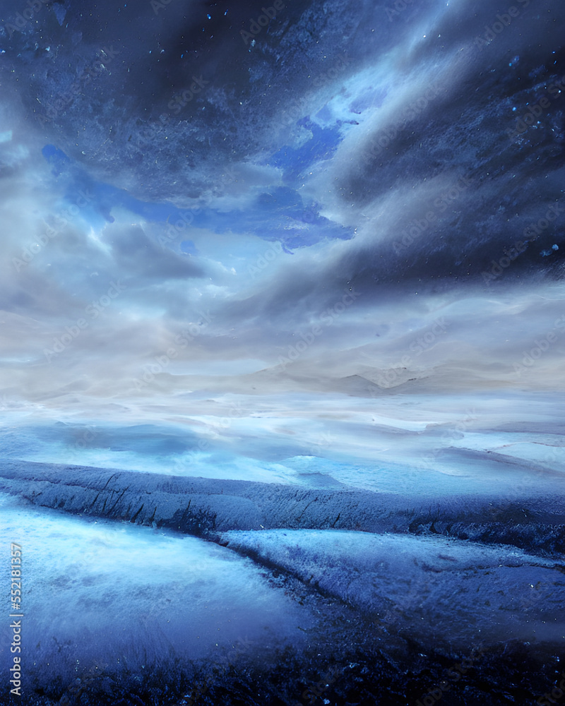 Generative AI illustration of a blue frosty winter landscape.