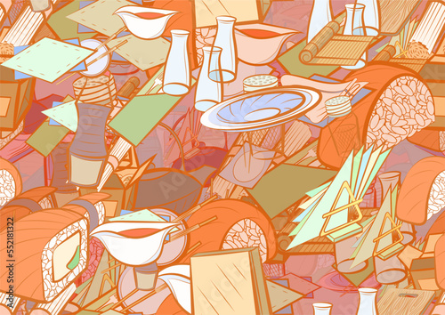 Background pattern abstract design texture. Seamless. Table setting and Japanese food. Theme is about plate, kyusu, cup, packet, chopsticks, soy sauce, cutting board, napkin holder, bamboo mat