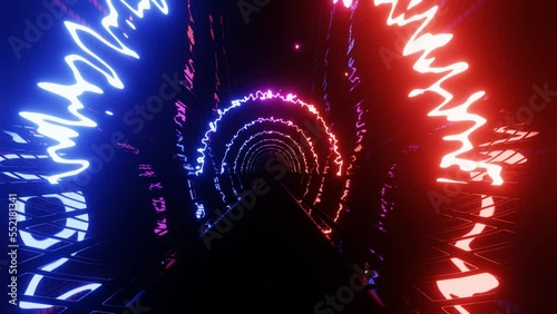 Hi-tech neon sci-fi tunel. Trendy neon glow lines form pattern and construction in mirror tunnel. Neon pattern, signal. Fly through technology cyberspace. 3d looped seamless 4k bright youth background photo