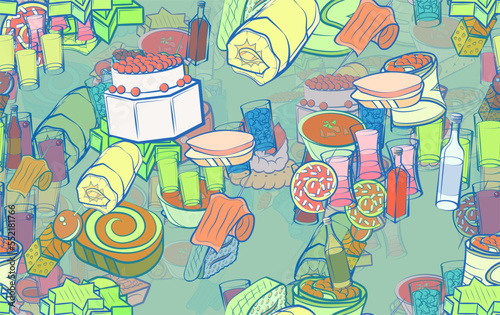Background pattern abstract design texture. Seamless. Snacks and Alcohol. Theme is about onigiri, stick, salad, crab meat, star, bottle, light alcohol, multi-layered, pancake, meat, slice