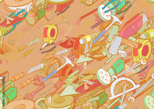 Background pattern abstract design texture. Seamless. Repair and Building tools. Theme is about sawing, wiring, carpenter, teeth, crimping, repairs, installation, woodcutter, water pipes