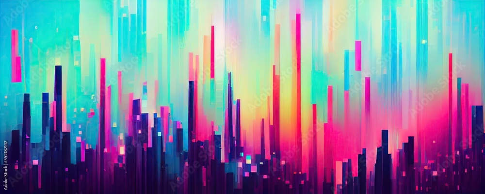 Abstract vaporwave digital neon pixels cityscape virtual reality concept background banner (generative ai art)