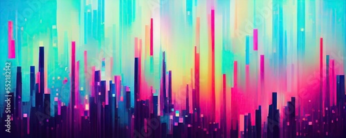Abstract vaporwave digital neon pixels cityscape virtual reality concept background banner (generative ai art)