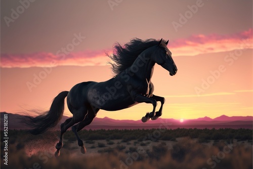 Horse jumping in the sunset