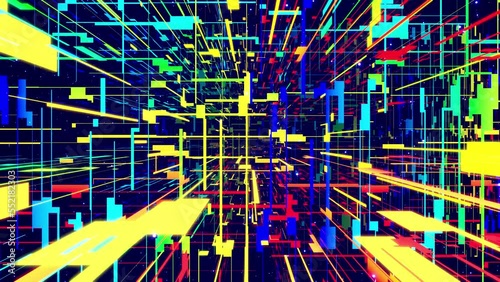 Motion graphic, camera fly throungh abstract art space, multilayer structure with pattern and particles. Glow rectangles, streaks and lines. Rainbow gradient color. Motion design vj loop. 3d structure photo