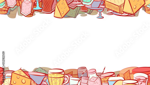Background pattern abstract design texture. Drinks and Cheeses. Horizontal seamless stripes. Border frame, transparent background. Theme is about thinly sliced, cardboard, cocktail, compote