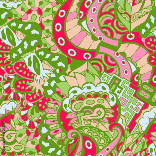 Tracery seamless pattern. Mehndi design. 6 colors. Ethnic doodle texture. Curved doodling background. Vector