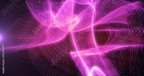 Abstract background of waves of purple pink futuristic hi-tech grains of sand waves of dots pixel particles flying with glow effect with rays of light and blur, screensaver, video in high quality 4k