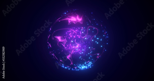 A round purple planet with a molten core in the center in space, a star sphere with an energy magical glowing field of plasma. Abstract background