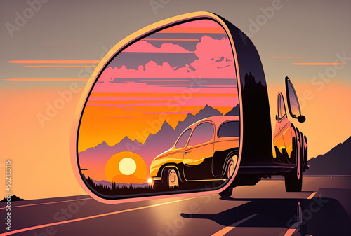 gorgeous sunset reflected in the wing mirror of the automobile. Generative AI © AkuAku