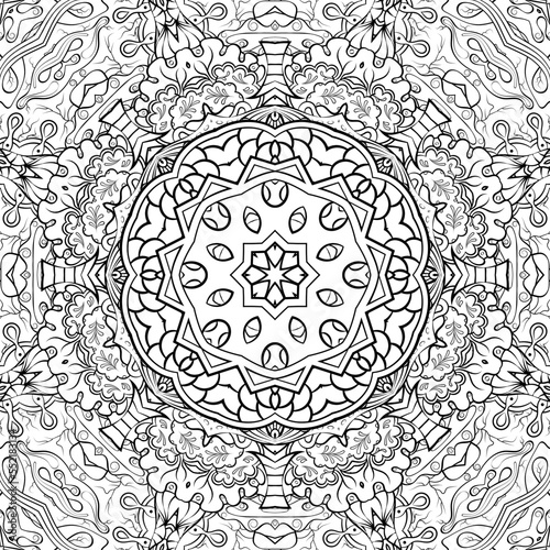 Seamless tile texture. Tracery mehndi design image. Binary monochrome black and white. Ethnic doodle art. Curved doodling picture. Vector
