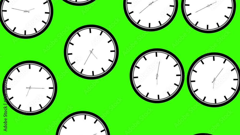 Vidéo Stock Running clocks falling from above, 4k Animation with Green