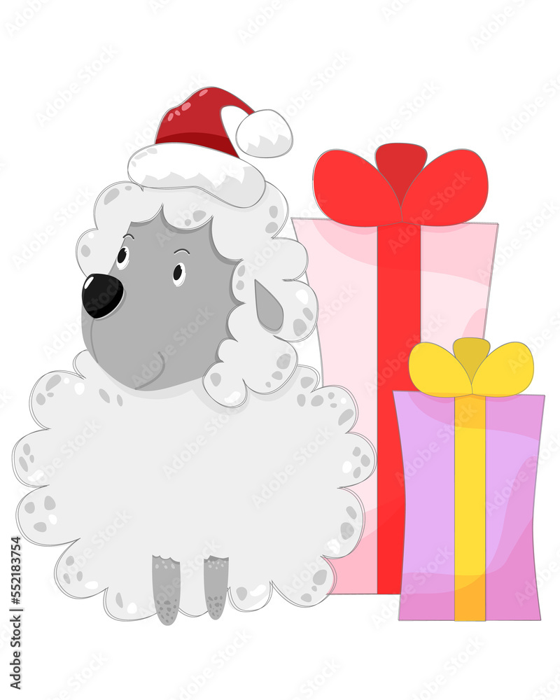 Cute sheep in hat with christmas gift. Vector illustration