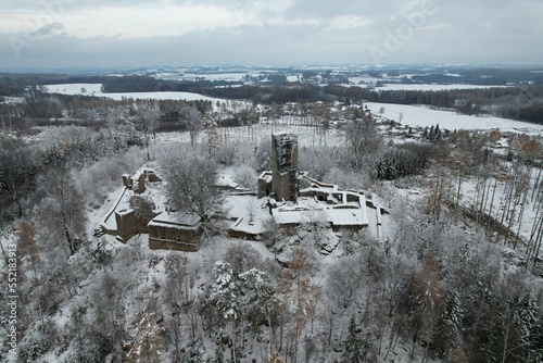 Orlik castle ruins by Humpolec city Vysocina,Czech republic,Europe, historical old castle Orlik aerial scenic panorama view,Orlík nad Humpolcem, winter snowy landscape
 photo