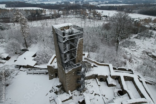 Orlik castle ruins by Humpolec city Vysocina,Czech republic,Europe, historical old castle Orlik aerial scenic panorama view,Orlík nad Humpolcem, winter snowy landscape
 photo