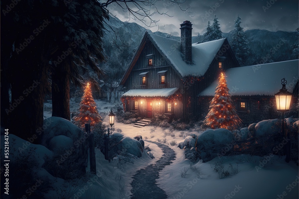 Fairytale winter village in the forest and mountains, night view. Wooden houses decorated with garlands, Christmas tale. AI