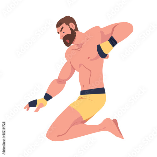 Mixed Martial Arts with Man Fighter in Shorts and Boxing Gloves Engaged in Full-contact Combat Sport Vector Illustration