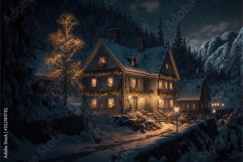 Fairytale winter village in the forest and mountains, night view. Wooden houses decorated with garlands, Christmas tale. AI © Terablete