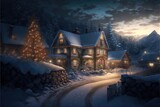 Fairytale winter village in the forest and mountains, night view. Wooden houses decorated with garlands, Christmas tale. AI