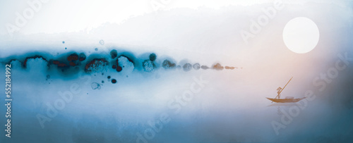 Dreamy landscape with lonely fisherman and blue misty coastline. Traditional oriental ink painting sumi-e, u-sin, go-hua.