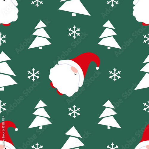 Endless Christmas pattern with a gnome, Christmas trees and snowflakes on a green background. For textiles, packaging, paper. Seamless vector background. Seamless Repeat Pattern. Cartoon.