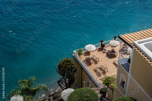 Amazing view of the Tyrrhenian Sea from the balcony of a villa in Positano, Italy. Exciting luxury vacation.