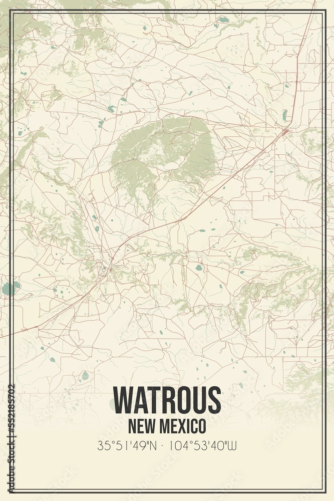 Retro US city map of Watrous, New Mexico. Vintage street map.