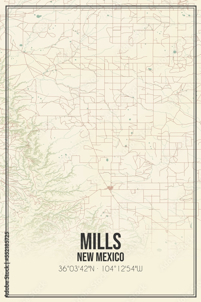 Retro US city map of Mills, New Mexico. Vintage street map.