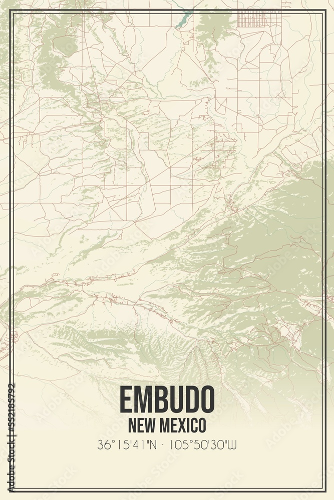 Retro US city map of Embudo, New Mexico. Vintage street map.
