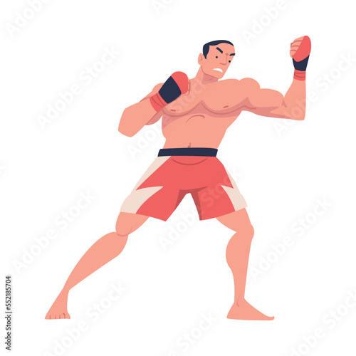Mixed Martial Arts with Man Fighter in Shorts and Boxing Gloves Engaged in Full-contact Combat Sport Vector Illustration © topvectors