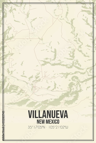 Retro US city map of Villanueva, New Mexico. Vintage street map.