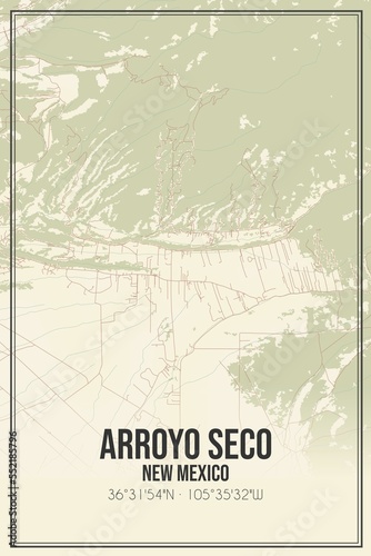 Retro US city map of Arroyo Seco, New Mexico. Vintage street map. © Rezona