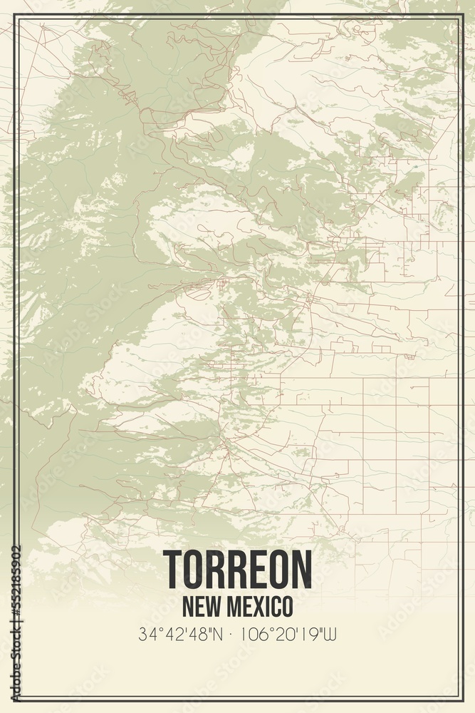 Retro US city map of Torreon, New Mexico. Vintage street map.